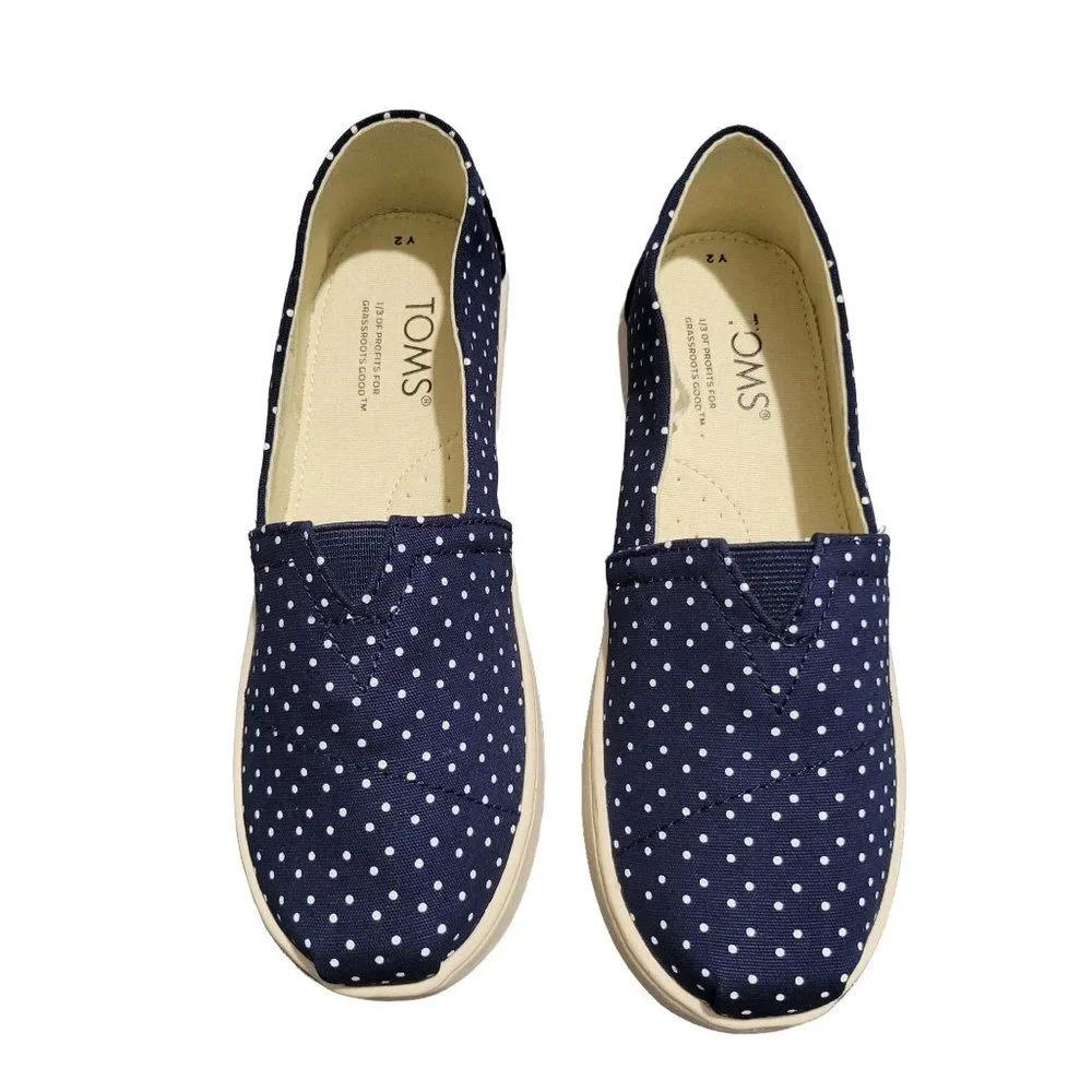 TOMS Girls Classic Slip-On Shoes | Navy Polka Dot | Size 2 | New